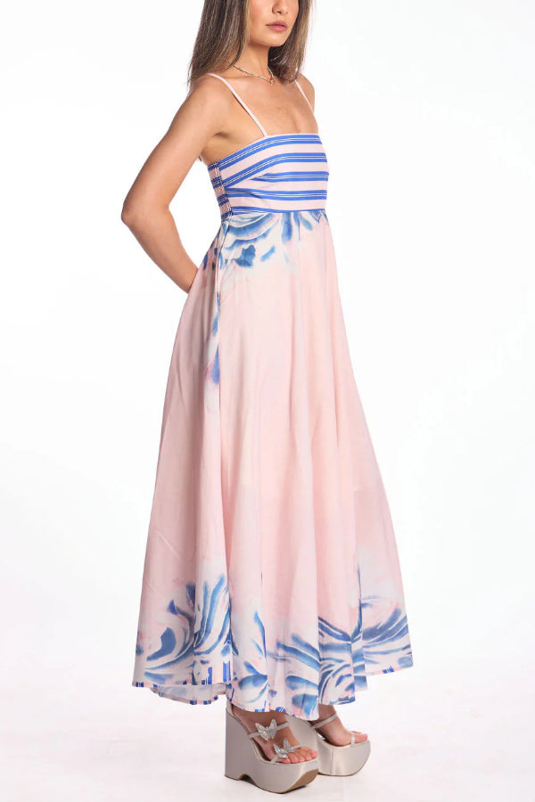 Cardydony Women's Unique Print Square Neck Spaghetti Strap Back Gathered Maxi Dress