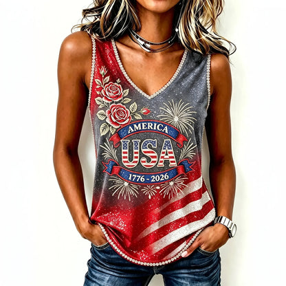 Cardydony Women's Vintage Anniversary Flag Flower Art Print V Neck Casual Tank Top