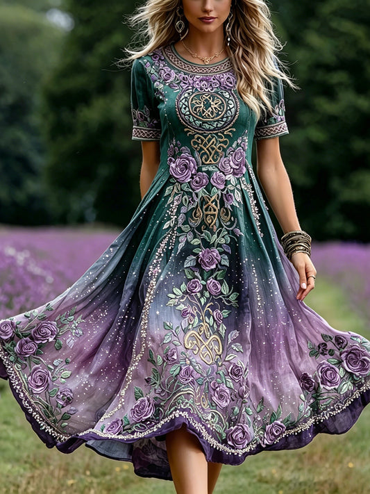 Cardydony Women's Vintage Celtic Knot With Floral Art Embroidered Linen Blend Maxi Dress