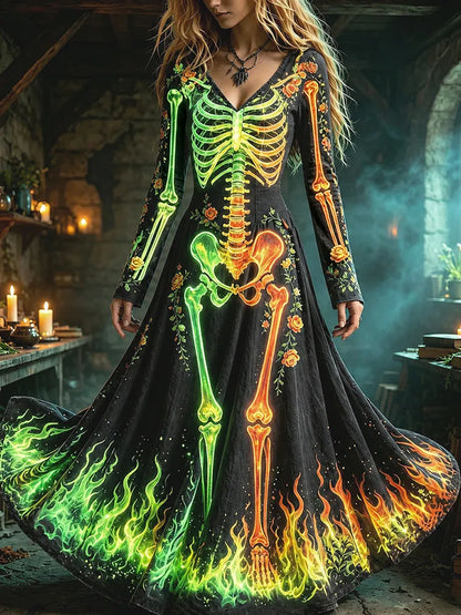 Cardydony Women's Halloween Human Anatomy And Flame Art Glowing Print Bodycon Dress