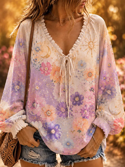 Cardydony Women's Boho Pastel Floral, Sun And Moon Print V-neck Long Sleeve Blouse