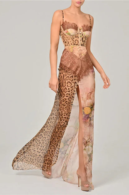 Cardydony Women's Chiffon Leopard Print Sexy Lace Splicing High Slit Slim Maxi Dress