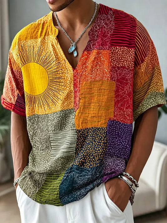 Cardydony Men's Colorblock Peace Sign Print V Neck Short Sleeve Shirt
