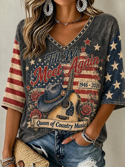 Cardydony Vintage Till We Meet Again Pink American Icon Casual Printed Mid-length Sleeves V-neck T-shirt