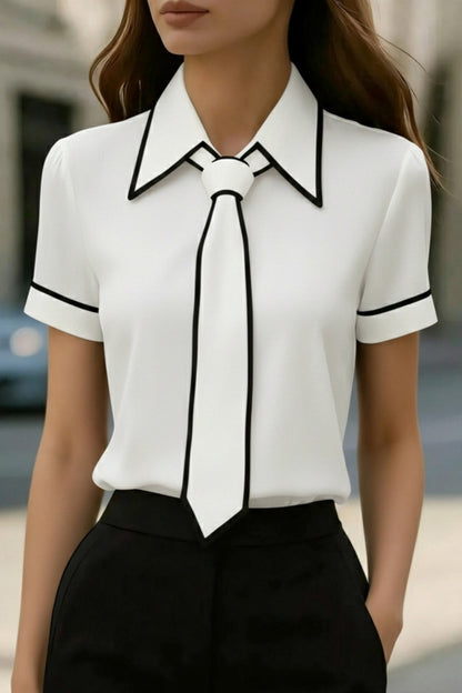 Cardydony Women's  Stylish Color-blocked Trim Collared Short-sleeved Casual Shirt