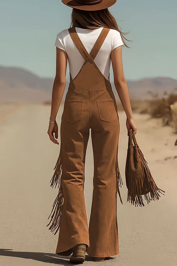 Cardydony Women's Stylish Suede Tassel Button Pocket Casual Wide-leg Overalls
