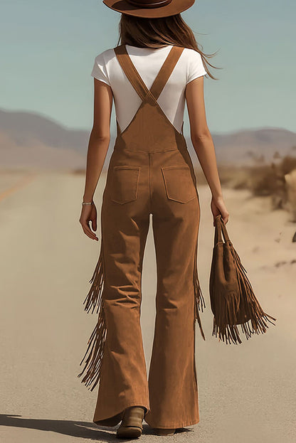 Cardydony Women's Stylish Suede Tassel Button Pocket Casual Wide-leg Overalls