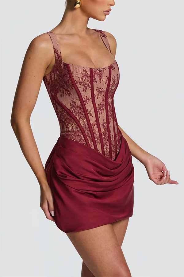 Cardydony Women's Cornelia Floral Lace Contrast Structural Detail Back Lace-up Satin Hem Mini Dress