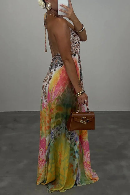 Cardydony Women's  Bohemian Style Unique Print Sleeveless Backless Loose Maxi Dress