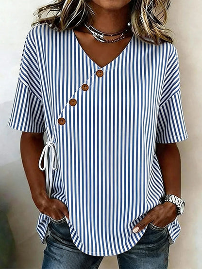 Cardydony Women's Casual Blue White Stripe Wrap Tie Waist Blouse