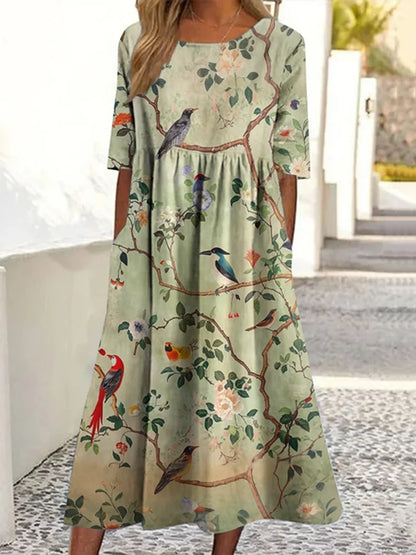 Cardydony Japanese Floral And Bird Art Print Round Neck Loose Midi Dress