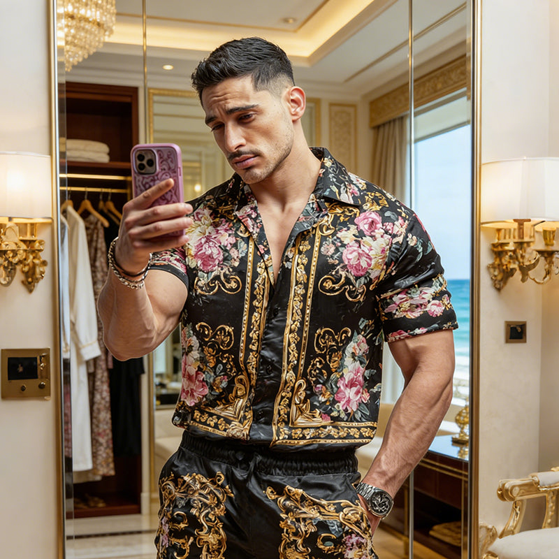 Cardydony Men's Fashion Baroque Floral Pattern Cuban Shirt And Shorts Two-piece Set