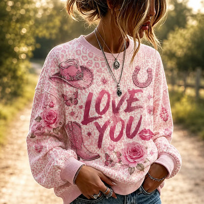 Cardydony Women's Crew Neck Commemorative Music Queen Sweatshirt, Printed With The Words "love You", Cowboy Hat, Boots And Rose Pattern.