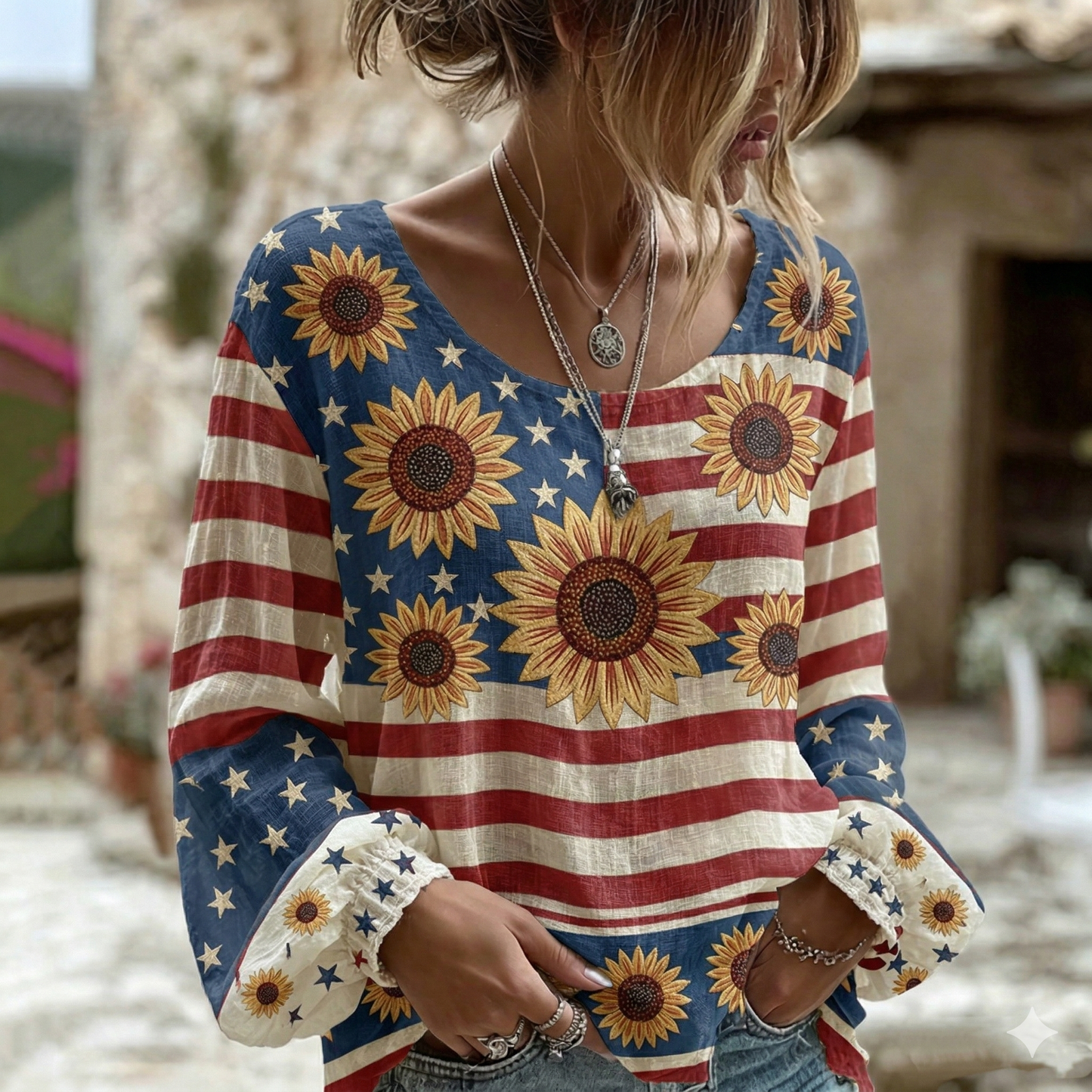 Cardydony Women's Vintage Independence Day Flag Sunflower Print Linen Blend T-shirt