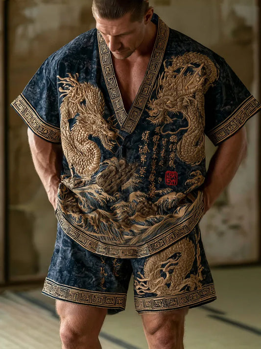 Cardydony Men's Dragon Pattern And Calligraphy Gold Embroidery Vintage Cotton Linen V-neck Top And Shorts Two-piece Set