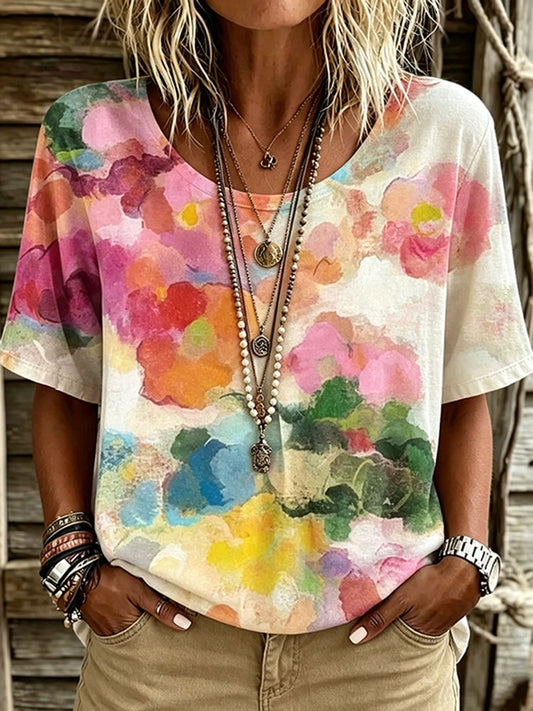 Cardydony Women's Tie-dye Style Floral Art Print Casual T-shirt