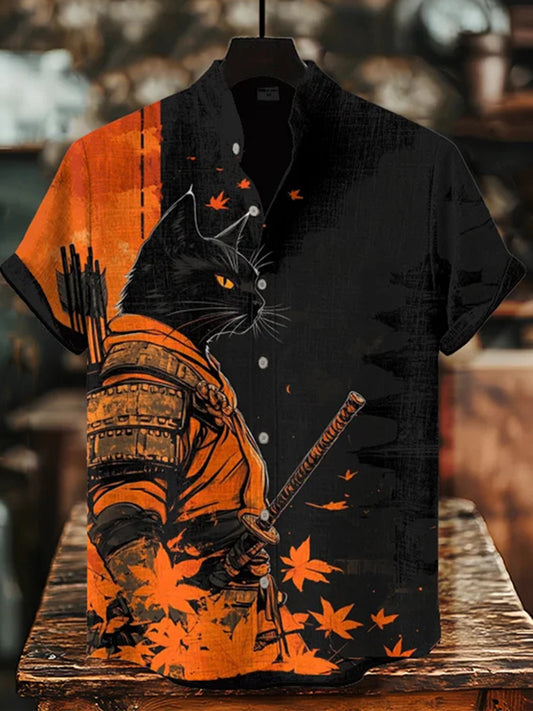 Cardydony Men's Black Cat Warrior And Maple Leaf Temple Print Casual Shirt
