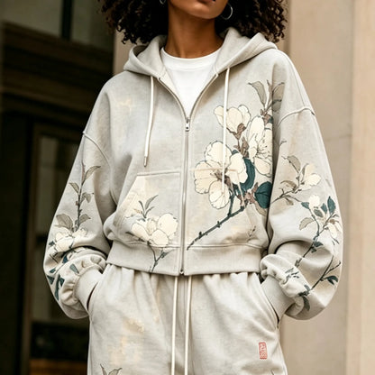 Cardydony Women's Japanese Floral Art Print Casual Zip Up Hoodie Two Piece Set