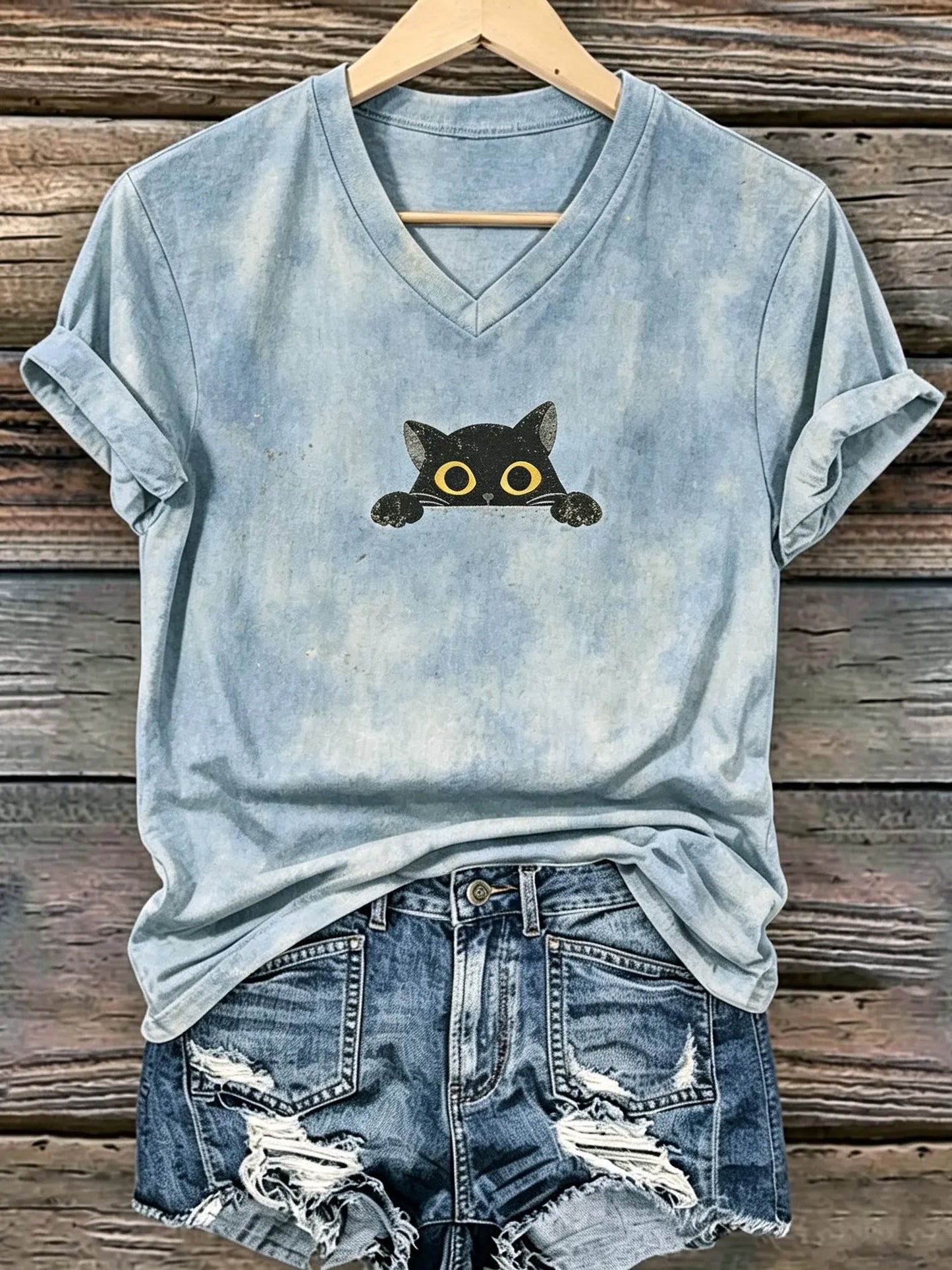 Cardydony Women's Retro Bohemian Style Cat Print Cotton Linen T-shirt.