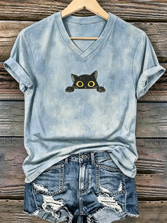Cardydony Women's Retro Bohemian Style Cat Print Cotton Linen T-shirt.