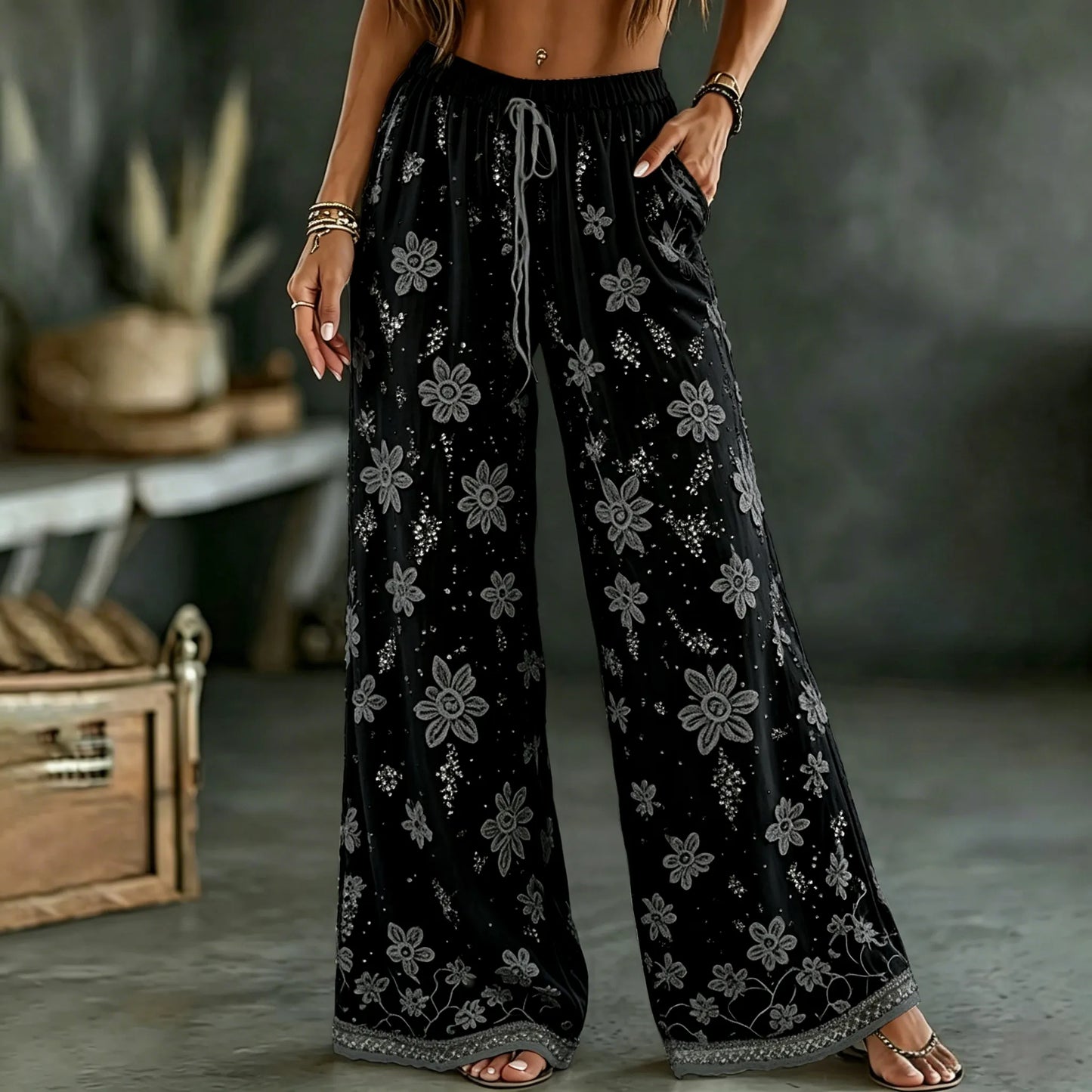 Cardydony Women's White Rose Art Embroidered Linen Blend Pants