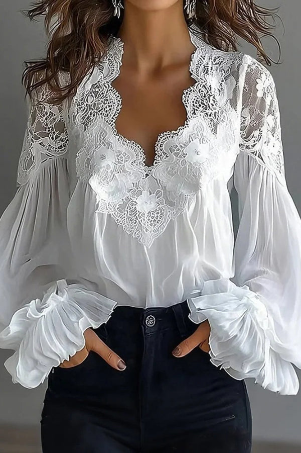 Cardydony Women's Fashionable Patchwork Lace V-neck Puff Sleeve Loose Shirt