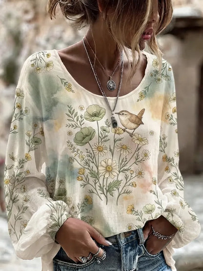 Cardydony Women's Bohemian Watercolor Wildflower And Bird Print Long Sleeve Scoop Neck Blouse