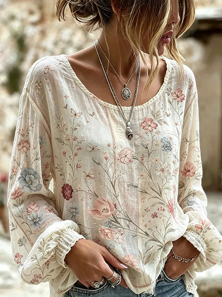 Cardydony Retro Bohemian Style Gray-pink Floral And Butterfly Print Linen Long-sleeved Top