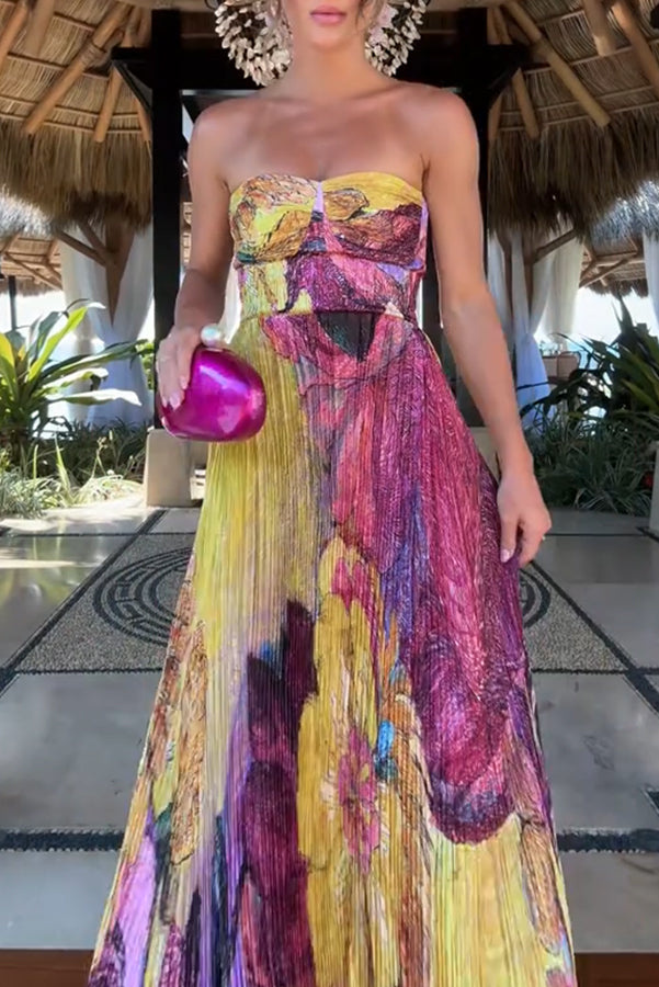 Cardydony Women's Vibrant and Bold Floral Print Sweetheart Neck Pleated Maxi Dress