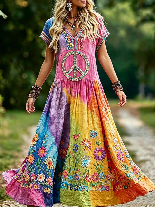 Cardydony Women's Retro Hippie Peace Floral Embroidery Casual Linen Long Dress
