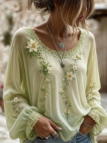 Cardydony Vintage Floral Art Embroidery Casual Linen Cotton Shirt