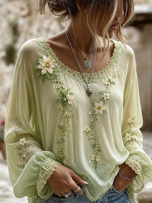 Cardydony Vintage Floral Art Embroidery Casual Linen Cotton Shirt