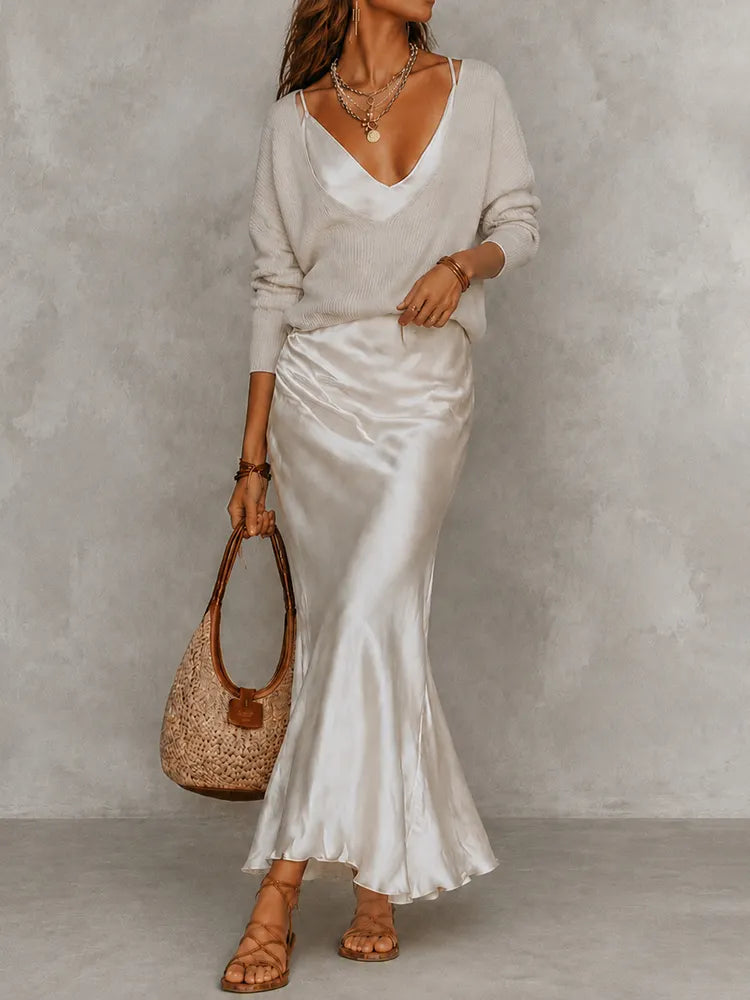 Cardydony Elegance Long-sleeved Knit Top + Satin Slip Dress Two-piece Set