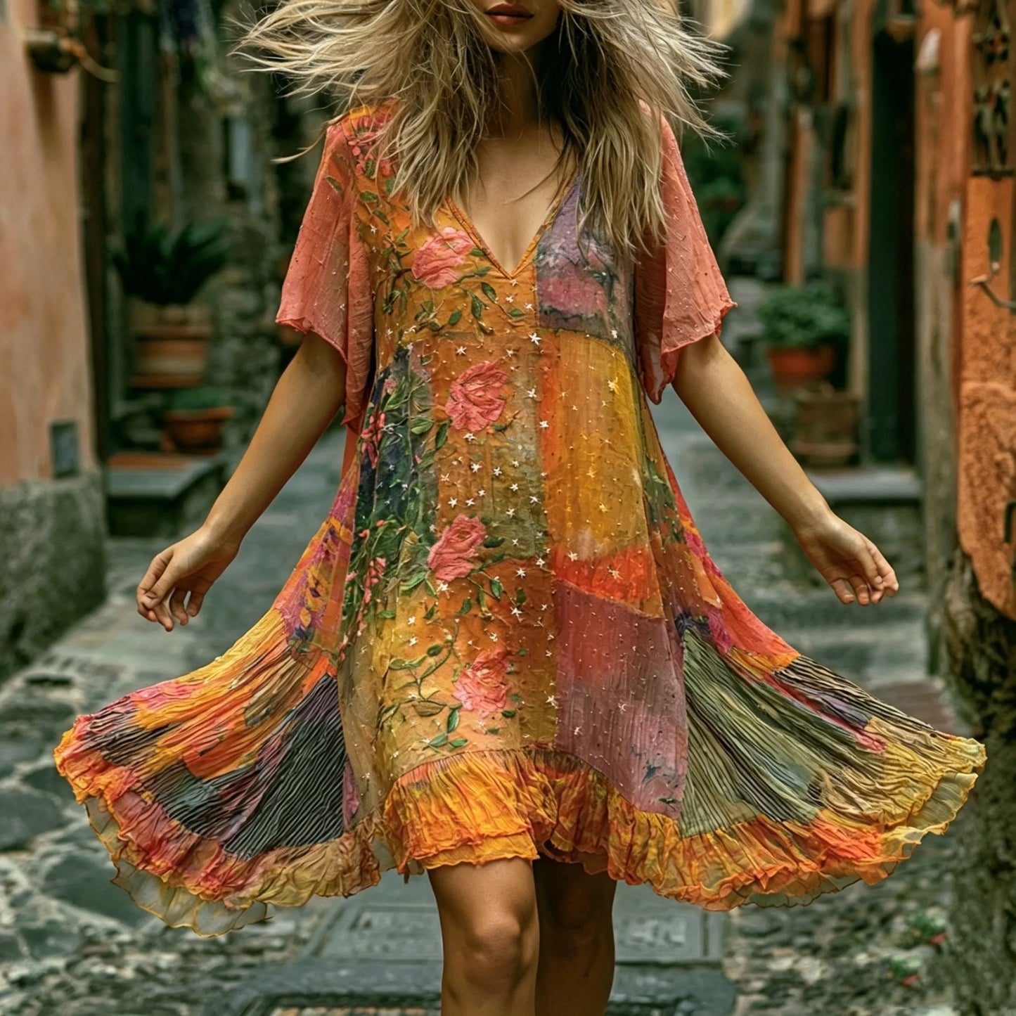 Cardydony Women's Retro Bohemian Floral Pattern Casual V-neck Dress