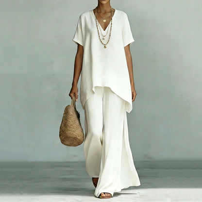Cardydony Linen V-neck Short-sleeved Loose Top And Wide-leg Pants Two-piece Set
