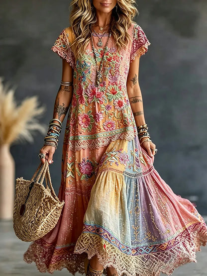 Cardydony Women's Vintage Floral In Hippie Rainbow Art Print Flowy Linen Blend Linen Blend Maxi Dress