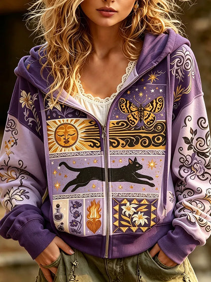 Cardydony Women's Full-zip Hoodie Sweatshirt With Bohemian Sun, Butterfly, Black Cat, And Floral Patchwork Print