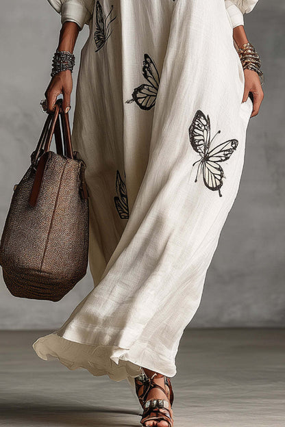 Cardydony Women's Butterfly Print V-Neck Long Sleeve Loose Casual Maxi Dress