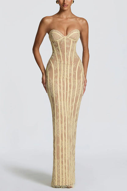 Cardydony Women's Summer Colour Sian Floral Lace Contrast Structural Detail Back Lace-up Strapless Slit Maxi Dress