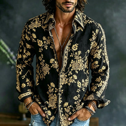 Cardydony Men's Spring Summer Colorful Floral Embroidered Art Print Flowy Linen Blend Shirt
