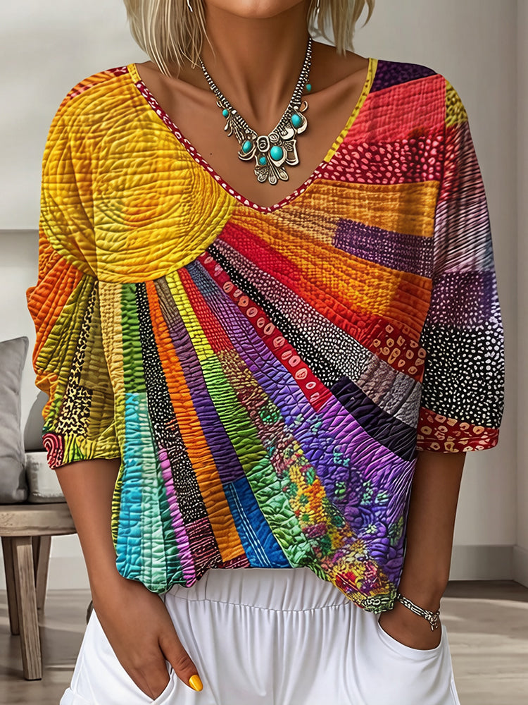Cardydony Women's Vintage Floral In Gradient Art Print Flowy Linen Blend Three-quarter Sleeve V Neck Linen Tops