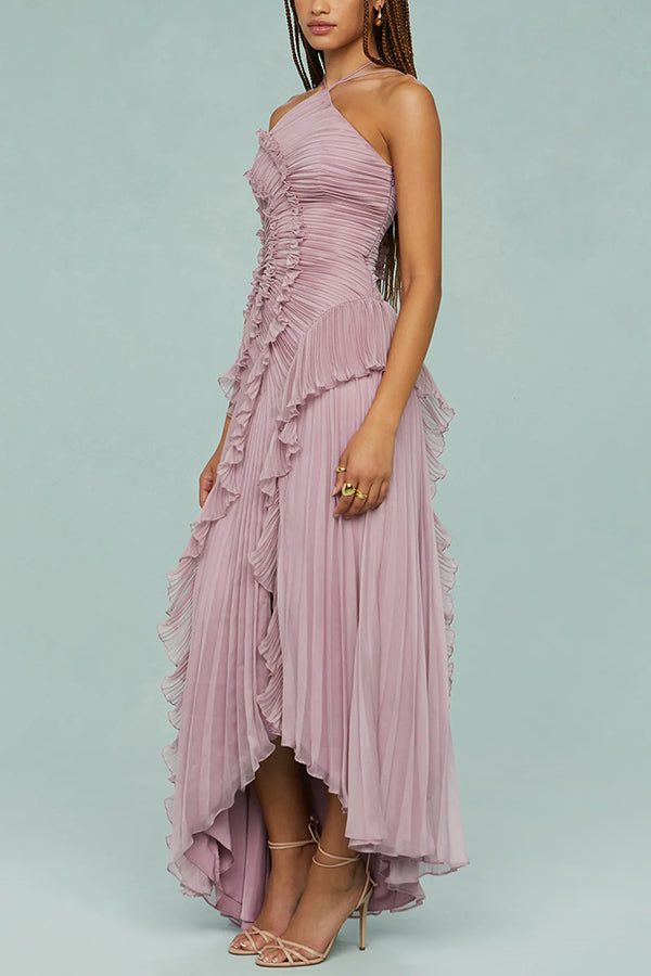 Cardydony Women's Dream Ode Lily Pad Style Pleats and Ruffles Halter Gown Maxi Dress