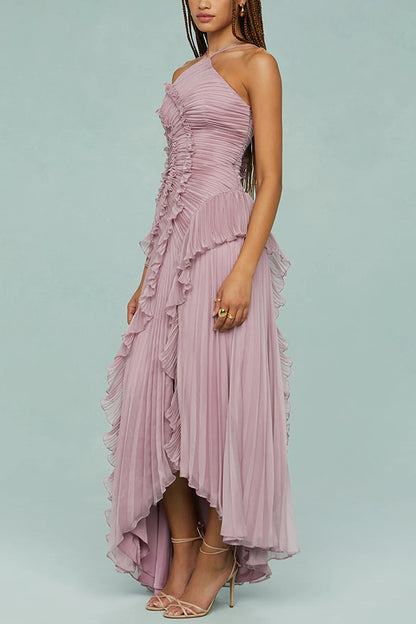 Cardydony Women's Dream Ode Lily Pad Style Pleats and Ruffles Halter Gown Maxi Dress