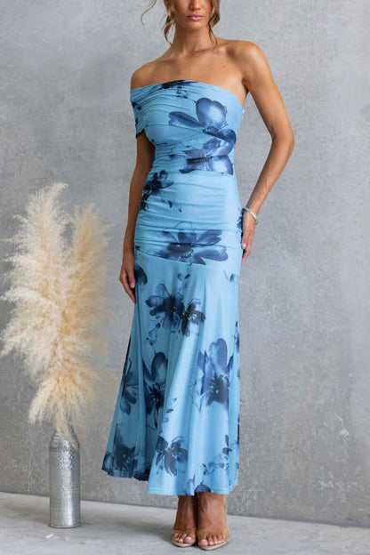 Cardydony Women's Floral Print Elegant Mesh Off-shoulder Fitted Maxi Dress
