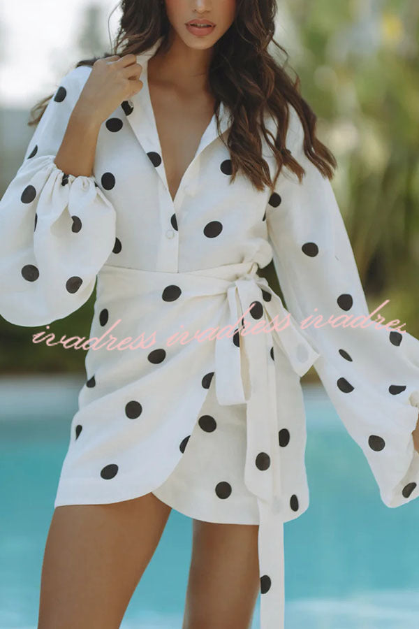 Cardydony Women's Effortlessly Linen Blend Polka Dot Balloon Sleeve Blouse and Wrap Tie-up Loose Mini Skirt Set
