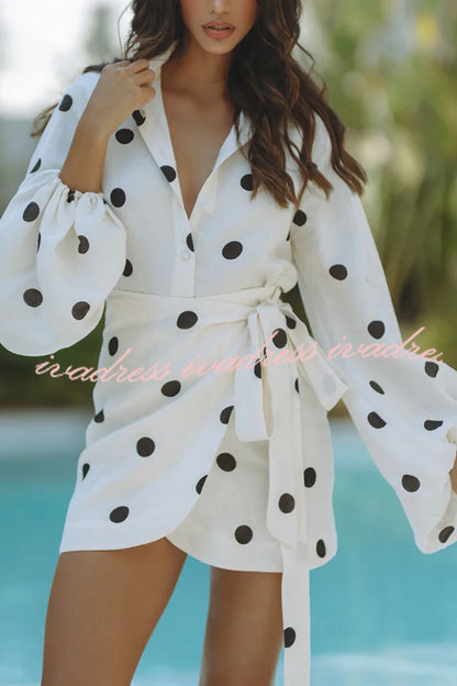 Cardydony Women's Effortlessly Linen Blend Polka Dot Balloon Sleeve Blouse and Wrap Tie-up Loose Mini Skirt Set