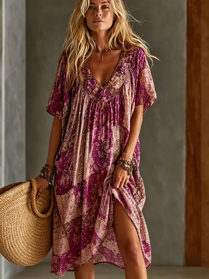 Cardydony Women's Floral Embroidered Patchwork V-neck Cotton Linen Dress