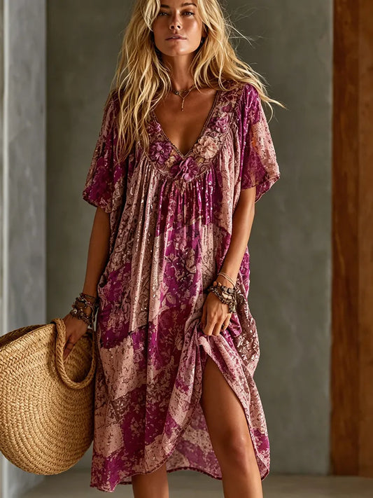 Cardydony Women's Floral Embroidered Patchwork V-neck Cotton Linen Dress