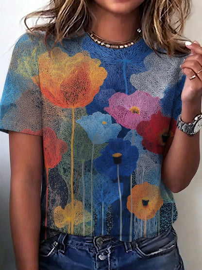 Cardydony Women's Retro Japanese Art Floral Print Cotton Linen T-shirt