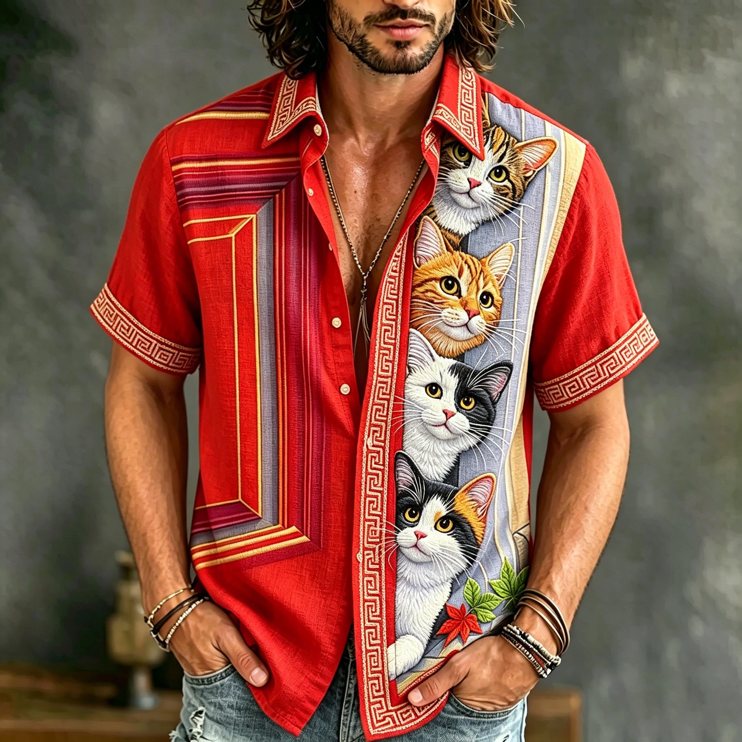 Cardydony Men's Cat Collection Cute Cats Behind The Red Door Inspired Art Flowy Linen Blend Shirt